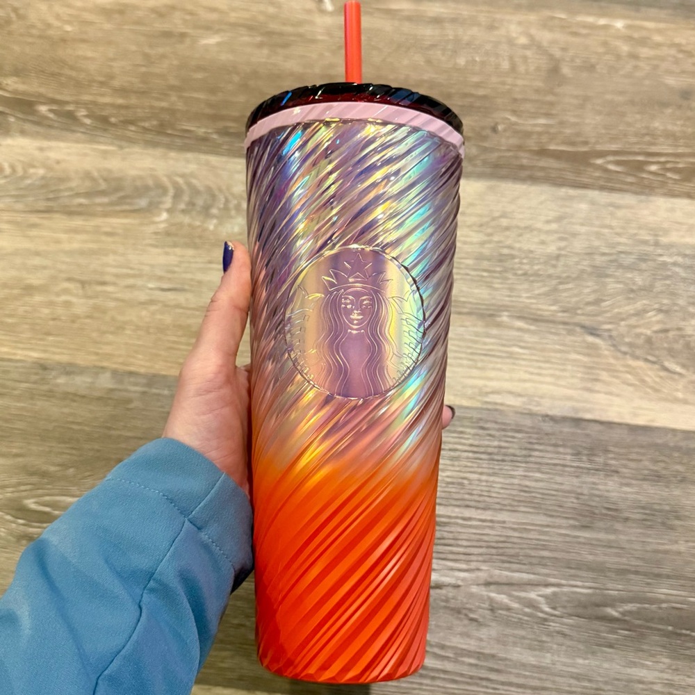 Starbucks Iridescent Swirl Pink Orange Ombre 24oz Venti Tumbler W/ Straw NEW